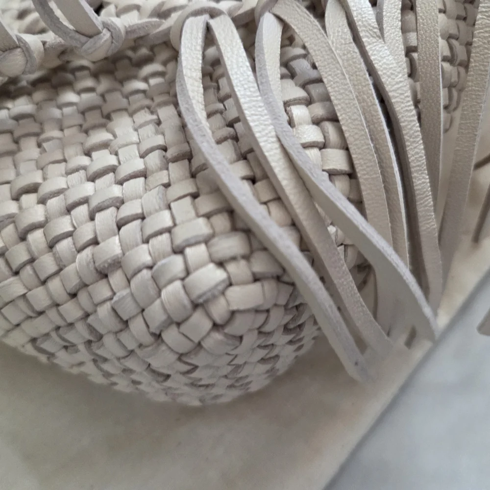 Tory Burch Ivory Woven Fringe Crossbody with Gold Hardware